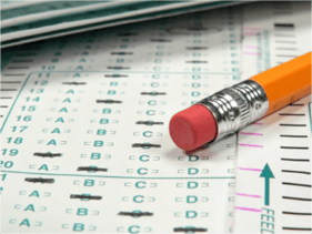 Scantron test with pencil and eraser.